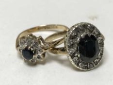 Two 9ct gold diamond and sapphire rings, 5.4g.