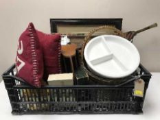 A box of various collectables, wooden letter rack, picture frame lights, wicker shopping basket,