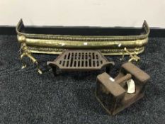 A brass fire curb together with a pair of brass fire dogs,
