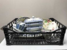 Two boxes of twentieth century pottery including blue and white tureens, dinner ware,