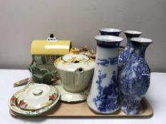 A tray of Wade Heath teapot and biscuit barrel, Crown Ducal teapot on stand,