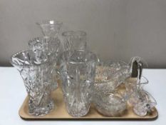 A tray containing twelve pieces of lead crystal including shallow dishes, vases,