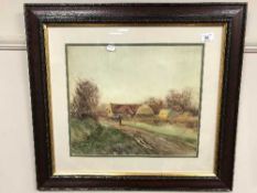 Attributed to Robert Jobling : figure on a country lane, watercolour, initialed RJ, 35 cm x 41 cm,