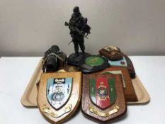 A tray of contemporary figure of a British soldier, miniature desk cannon on stand,