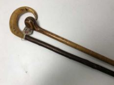A horn-handled walking stick, together with a pommel-handled walking stick.