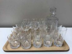A tray containing lead crystal decanter with stopper with a set of six lead crystal high ball