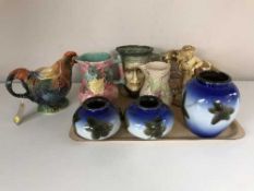 Three Chinese blue glazed vases, rooster teapot,