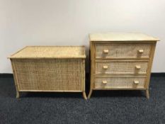 A bamboo and wicker three drawer chest together with matching blanket box