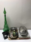 A tray containing a Don Pewter lidded caddy, plated bowls,