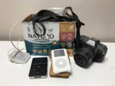 A box of cameras, mp3 player, two Ipods,