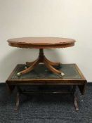 A mahogany leather topped drop end coffee table together with an inlaid yewood coffee table