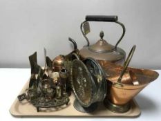 A tray of brass and copper ware, copper kettle,
