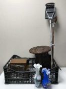 A box of folding hardwood table, two shooting sticks, walnut clock, glass vases,