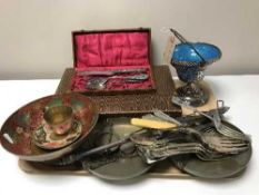 A tray of balance scales by Degarave of Durham, plated cutlery,