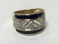 A 9ct gold diamond and enamel dress ring, 7.