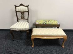 A late Victorian mahogany bedroom chair together with two duet stools