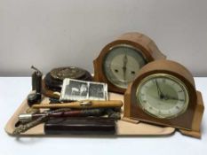 A tray of walnut smiths mantle clock together with one other clock, pipes, boxed pen,