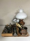 A tray of converted oil lamp, table cutlery, bottle openers,