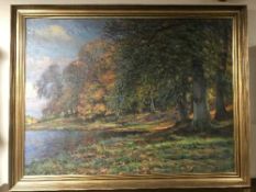 Two large gilt framed oils on canvas - woodland scenes