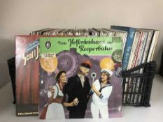 A box and crate of LP records - world music, easy listening,