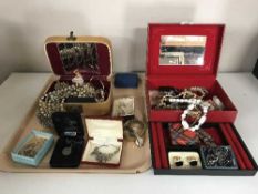A tray of jewellery boxes of costume jewellery, 9ct gold earrings,
