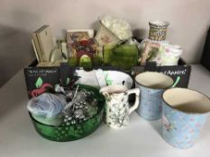 Two boxes of metal lidded bin, bird houses, miniature bureau, china,