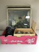 Two boxes of glass trinket set, Adams dinner ware, tea china, pictures,