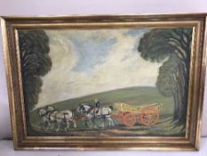 A gilt framed oil on canvas - figure on a horse drawn carriage