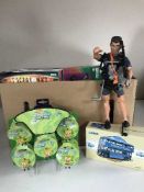 Two boxes of die cast vehicles and toys