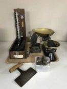 A tray of Viking kitchen scales with weights, boxed Dr pressure cuff, metal money box throne,