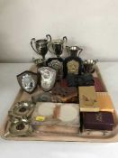 A tray of plated trophies and a dishes relating to Hexham & District Motor Club, cigarette box,
