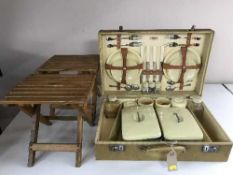 A mid 20th century Sirram cased picnic set and two folding wooden stools