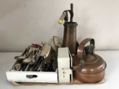 A tray of copper companion, brass ornaments, dressing table set,