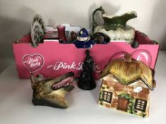 Two boxes of alsatian ornaments, teapots, cottage ware,