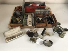 A tray of trinket boxes, chess pieces, dominoes, torches, watches, costume jewellery, opera glasses,