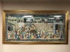 Mughal School : A fine depiction of a palace interior with figures and animals, watercolour,