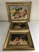 A gilt framed oil on board depicting fruit by R.A.