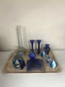 A tray of eight glass fish figures, ash tray,