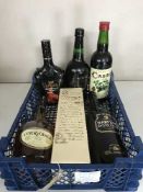 A box of six bottles of alcohol - 75cl bottle of Courvoisier Cognac, Arran 70cl whiskey, sherry,