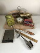 A tray of brass ship's style clock, small tape measure, toffee hammer, vintage coat hangers, rule,