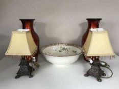 Two boxes of china, meat plates, dinner ware, two red vases, table lamps,