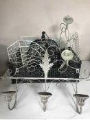 Wicker bird cages, candle holders, wall shelf, baskets,