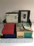 Two boxes of Akai cassette deck, reel to reel, cameras, slides,