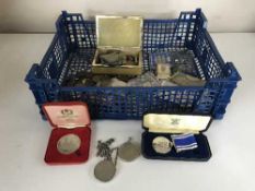 A basket of assorted pre-decimal British coins, foreign bank notes,