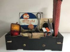 Two boxes of assorted car parts - gauges, springs,