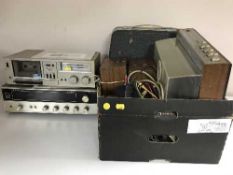 Sharp stereo cassette desk, Fisher receiver, box of Philips record player and speakers,