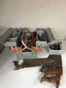 A pine joiner's tool box of hand tools, metal tool box and tools, basket of hand saws,
