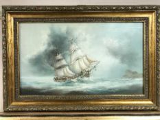 P Wintrip : Boat in stormy seas, oil on board, signed, 44 cmk x 26 cm, framed.