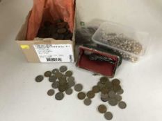 A box of costume jewellery and a pre decimal silver and copper British coins