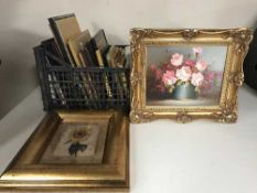 Two boxes of assorted frames, framed prints,